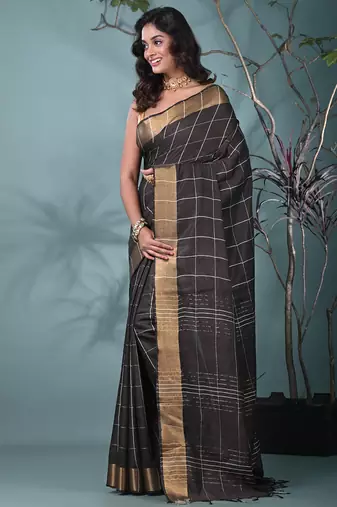 elegant brown art silk saree with checkered design