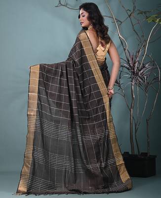 elegant brown art silk saree with checkered design 3