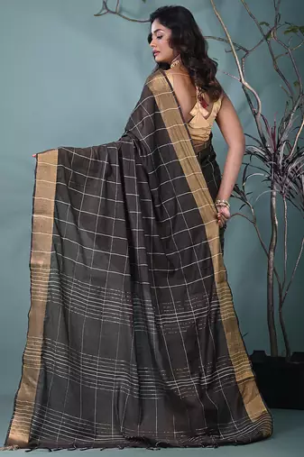 elegant brown art silk saree with checkered design