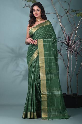 elegant green art silk saree with checkered design