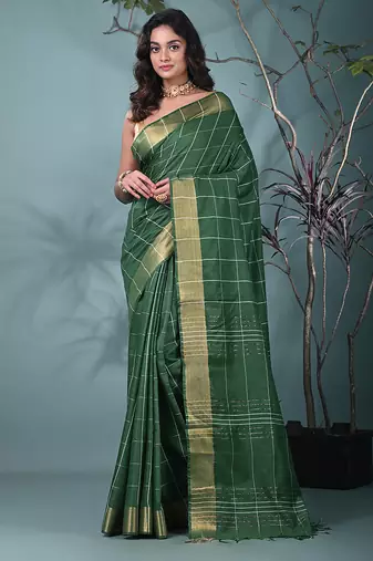 elegant green art silk saree with checkered design