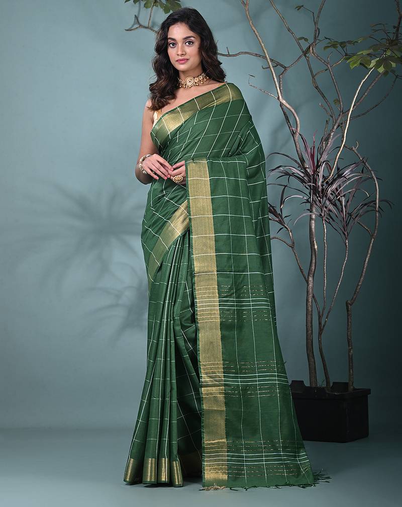 elegant green art silk saree with checkered design