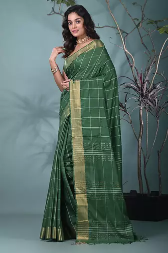 elegant green art silk saree with checkered design