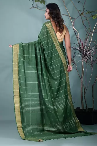 elegant green art silk saree with checkered design