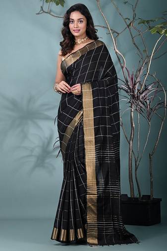 elegant black art silk saree with checkered design