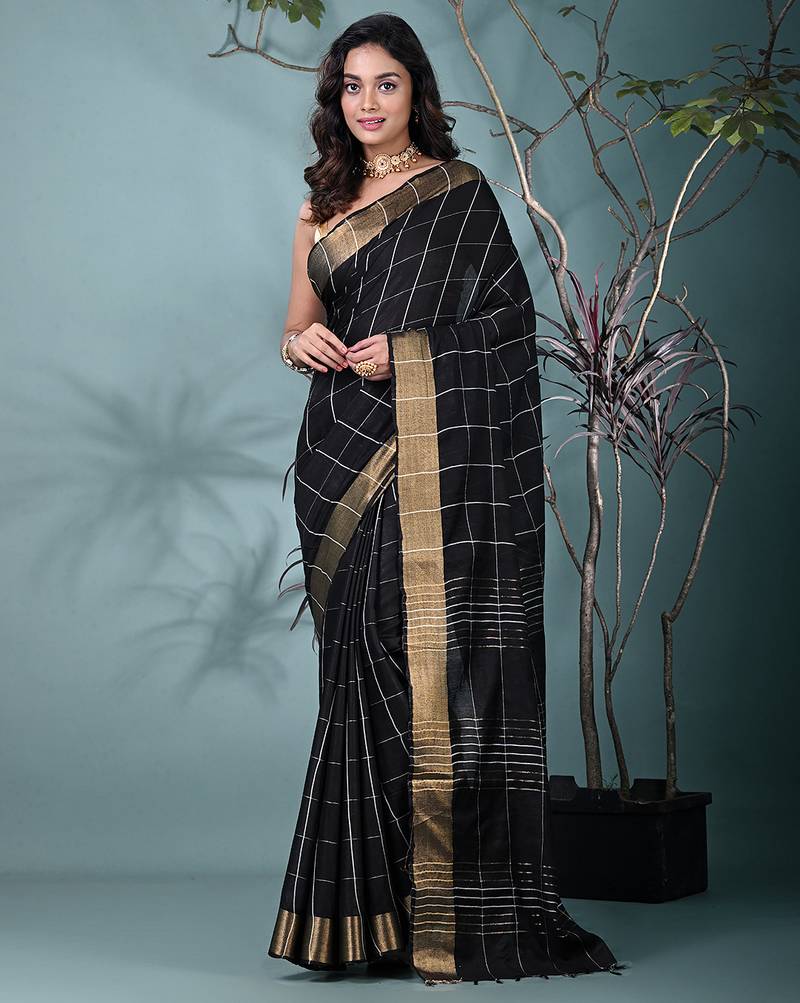 elegant black art silk saree with checkered design