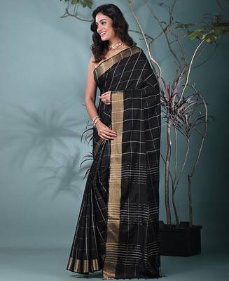elegant black art silk saree with checkered design 2