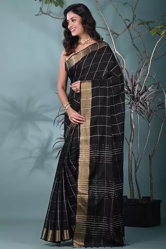 elegant black art silk saree with checkered design