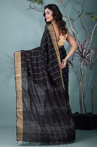 elegant black art silk saree with checkered design