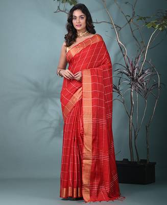 elegant red art silk saree with checkered design 1