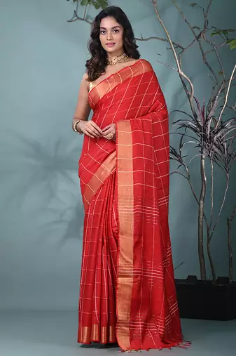 elegant red art silk saree with checkered design