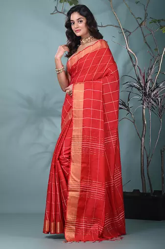 elegant red art silk saree with checkered design