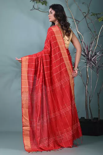 elegant red art silk saree with checkered design