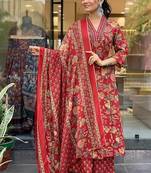 Jaipuri Maroon Women's Cotton Blend Anarkali Printed Kurta With Palazzo & Dupatta