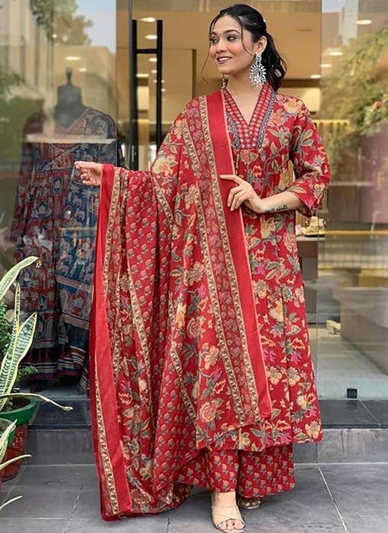 Jaipuri Maroon Women's Cotton Blend Anarkali Printed Kurta With Palazzo & Dupatta