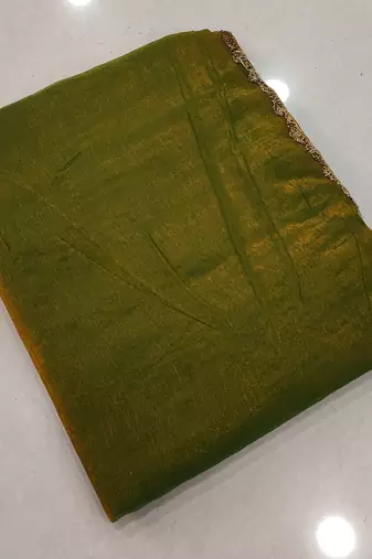 Gold color fendy chiffon saree with running blouse