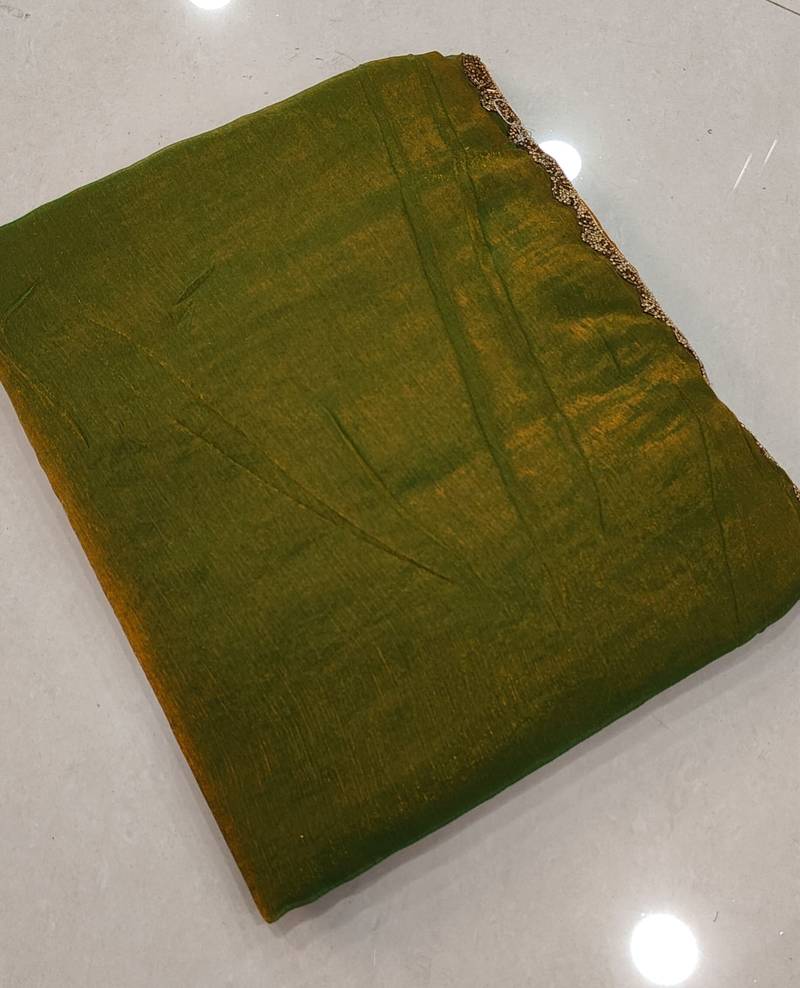 Gold color fendy chiffon saree with running blouse
