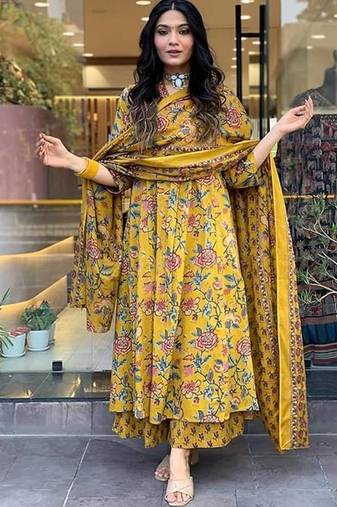 	Jaipuri Yellow Women's Cotton Blend Anarkali Printed Kurta With Palazzo & Dupatta
