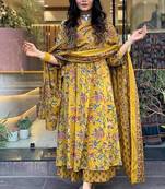 	Jaipuri Yellow Women's Cotton Blend Anarkali Printed Kurta With Palazzo & Dupatta