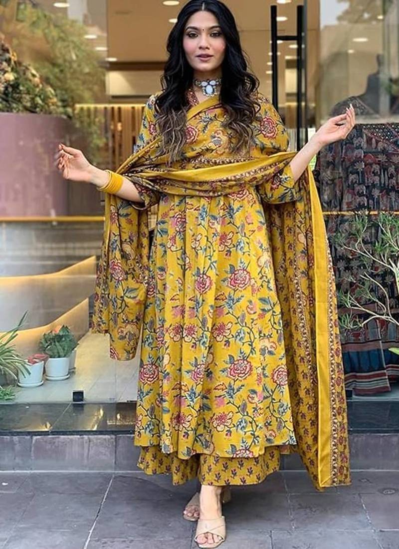 	Jaipuri Yellow Women's Cotton Blend Anarkali Printed Kurta With Palazzo & Dupatta