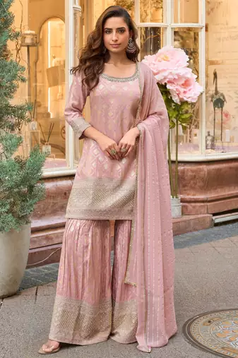 pink embroidered palazzo style salwar suit