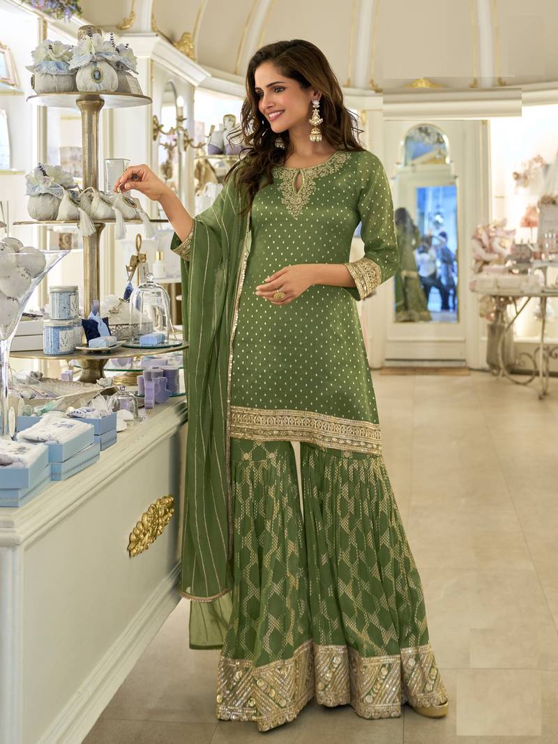 green embroidered palazzo style salwar suit