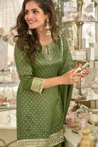green embroidered palazzo style salwar suit
