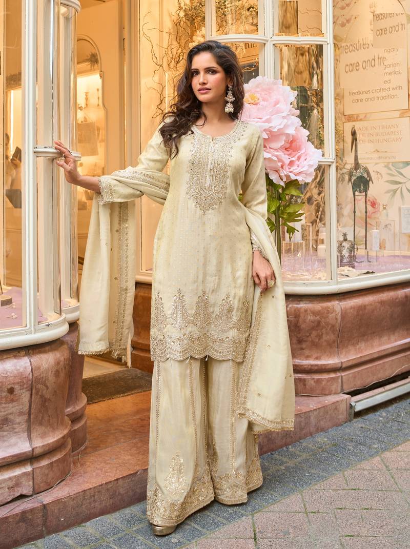 white embroidered palazzo style salwar suit