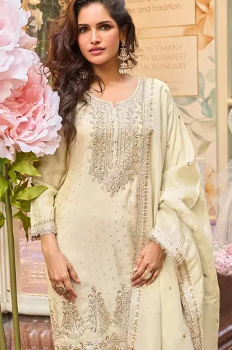 white embroidered palazzo style salwar suit