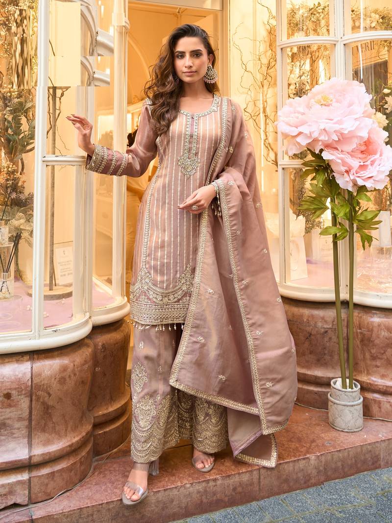mauve embroidered palazzo style salwar suit
