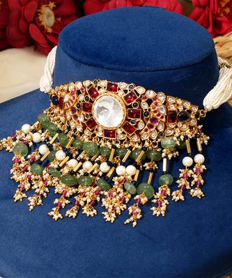 Gold plated kundan multicolor stones choker necklace set 4