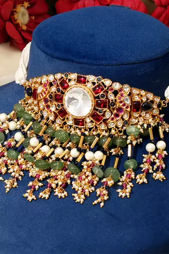 Gold plated kundan multicolor stones choker necklace set