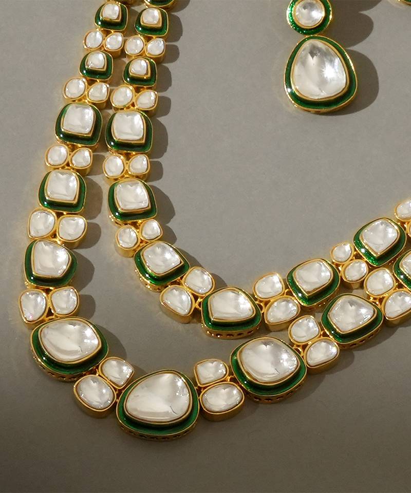 Gold plated kundan green enamel necklace set