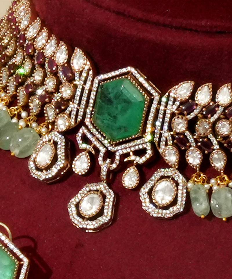 Gold plated kundan green stones choker necklace set
