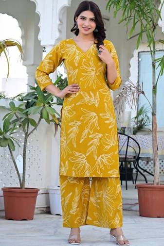 yellow floral printed regular pure cotton kurta with palazzos