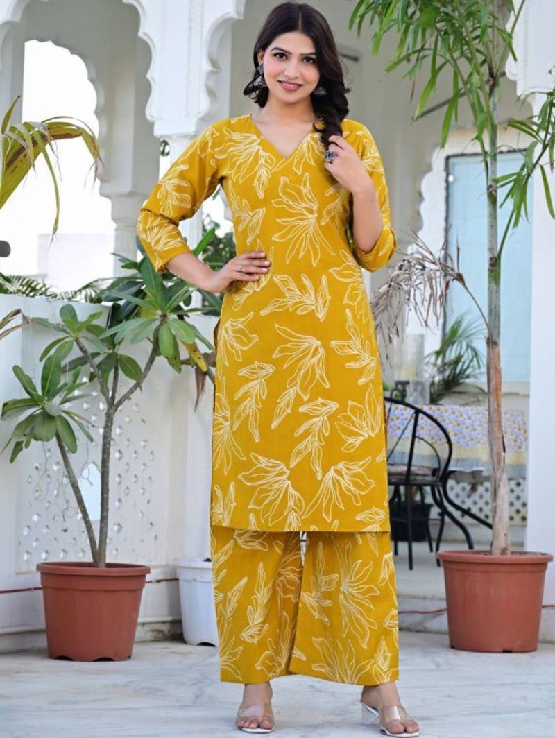 yellow floral printed regular pure cotton kurta with palazzos