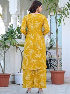 yellow pure cotton floral printed kurta palazzo set 2