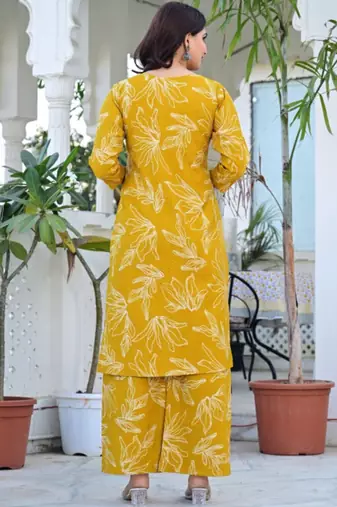 yellow pure cotton floral printed kurta palazzo set