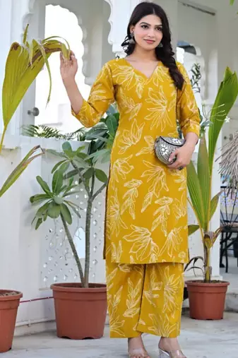 yellow pure cotton floral printed kurta palazzo set