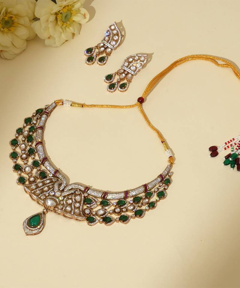 Gold plated kundan green stones necklace set