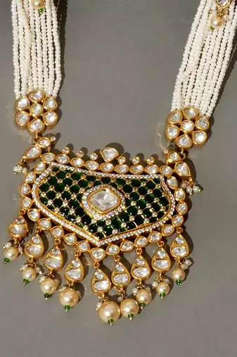Gold plated kundan green stones necklace set