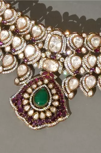 Gold plated kundan multicolor stones choker necklace set