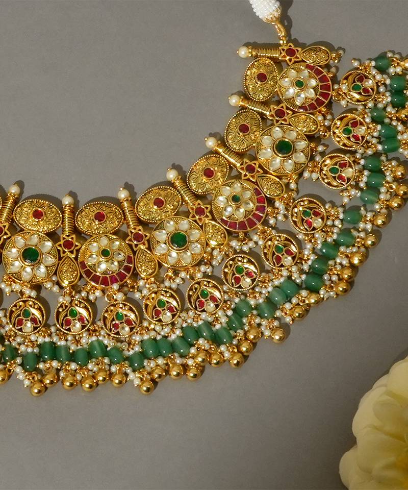 Gold plated kundan multicolor stones necklace set