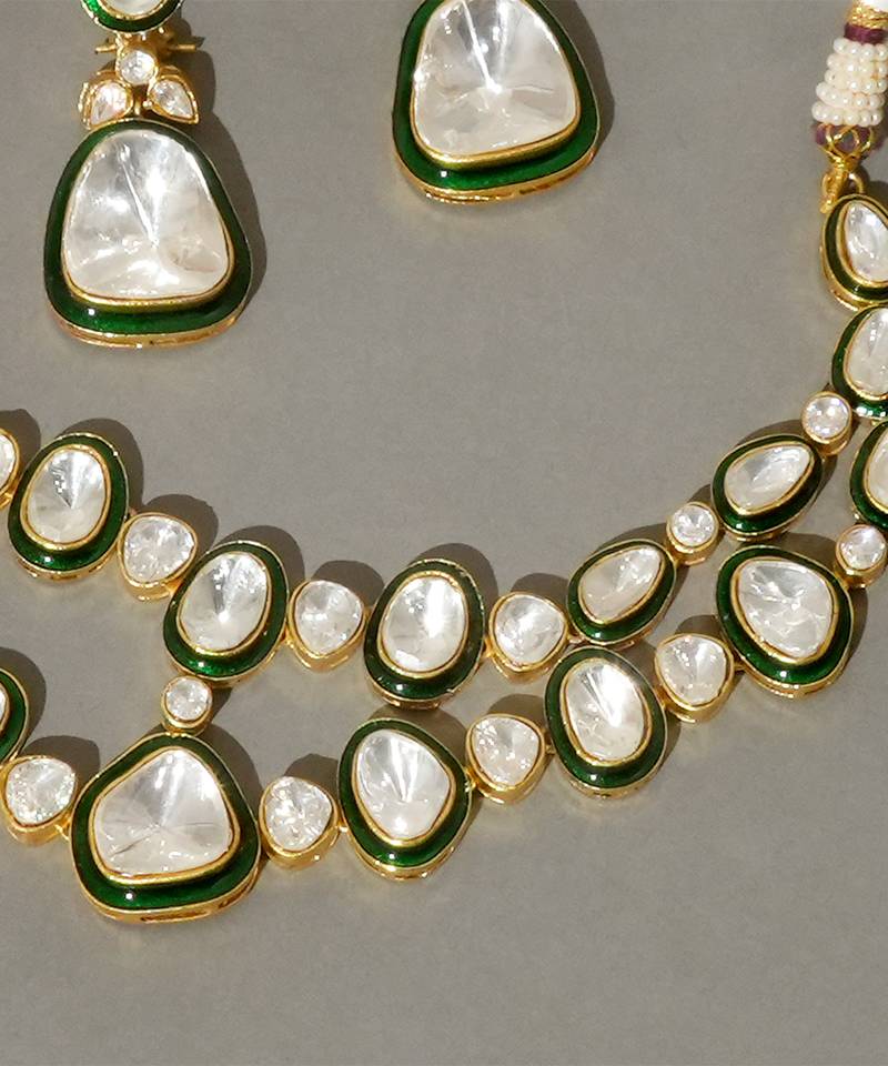 Gold plated kundan green enamel necklace set