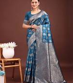 Blue banarasi silk saree with blouse