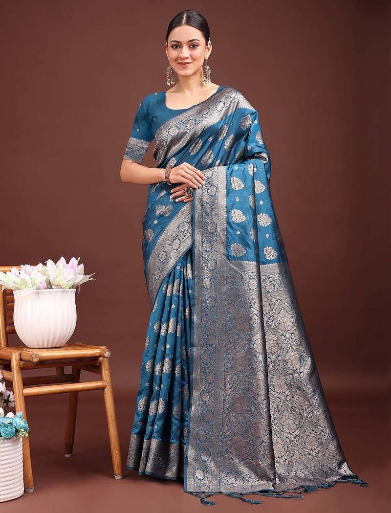 Blue banarasi silk saree with blouse
