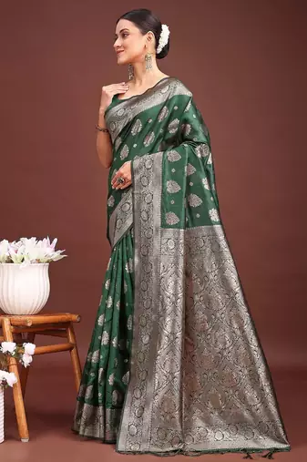 Dark green banarasi silk saree with blouse