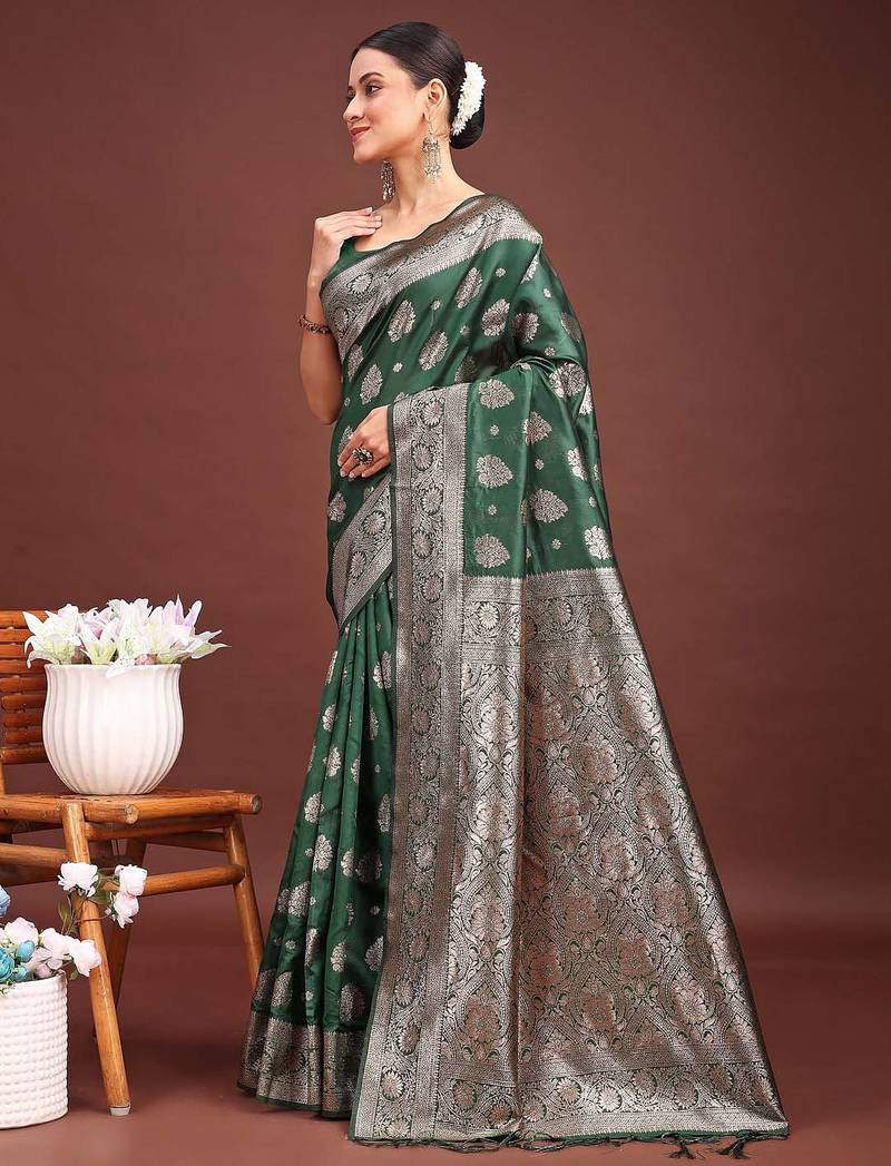 Dark green banarasi silk saree with blouse