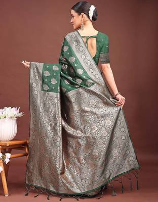 Dark green banarasi silk saree with blouse 2