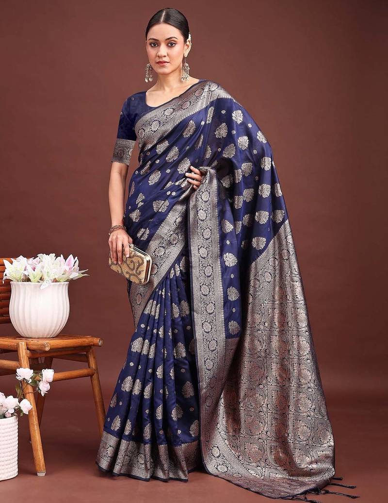 Navy blue banarasi silk saree with blouse